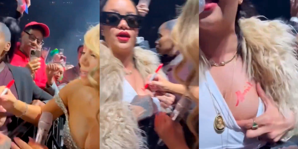Mariah Carey autografa seio de Rihanna durante show de Natal
